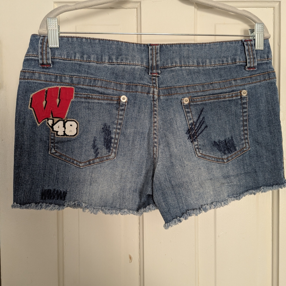College Classics Badgers Denim Shorts with Red Wisconsin Badgers Logo Accents